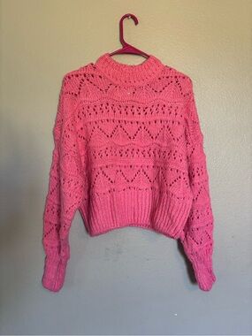 Cozy Pink Open-Knit Mock Neck Sweater